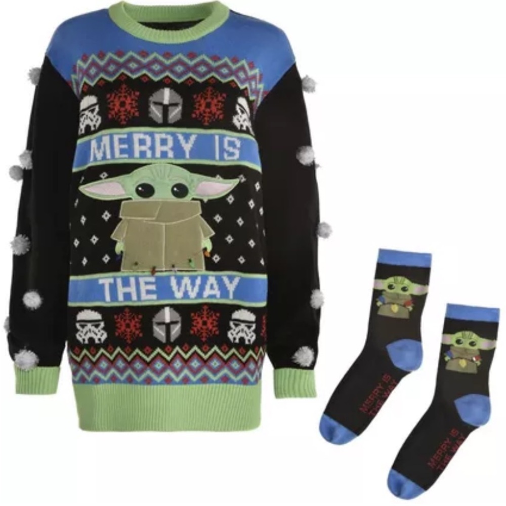 Baby Yoda Ugly Christmas Sweater Mandalorian - Adult S/M with Socks